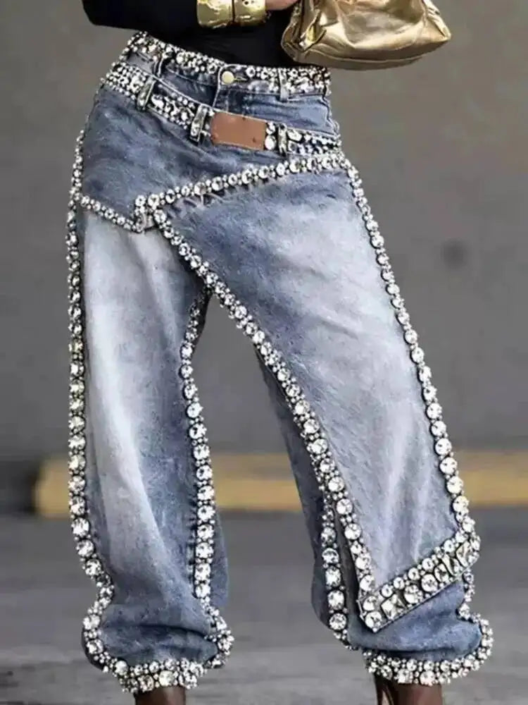 SHENGPALAE Women Jeans Wide Leg Layered Patchwork Washed Rhinestone Decor Asymmetric Streetwear Fashion Summer 2026 New 05E02954