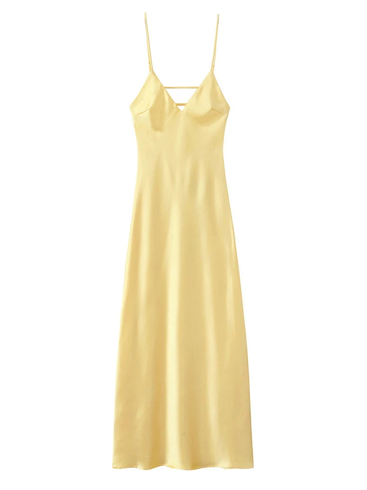 Solid Color Satin Bustier Women Maxi Dress Fashion Yellow Spaghetti Strap V Neck Waist-cinching Dresses 2026 New Party Vestidos