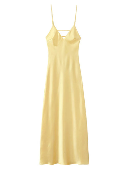 Solid Color Satin Bustier Women Maxi Dress Fashion Yellow Spaghetti Strap V Neck Waist-cinching Dresses 2026 New Party Vestidos