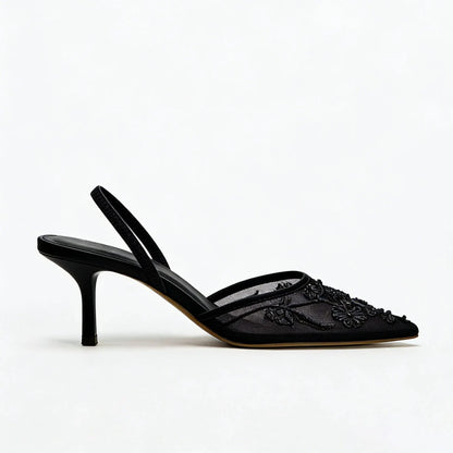 2026 Spring/Summer New Women's Shoes Champagne Chinese Embroidery Mesh Pearl Pointed High Heels Thin Heels Baotou