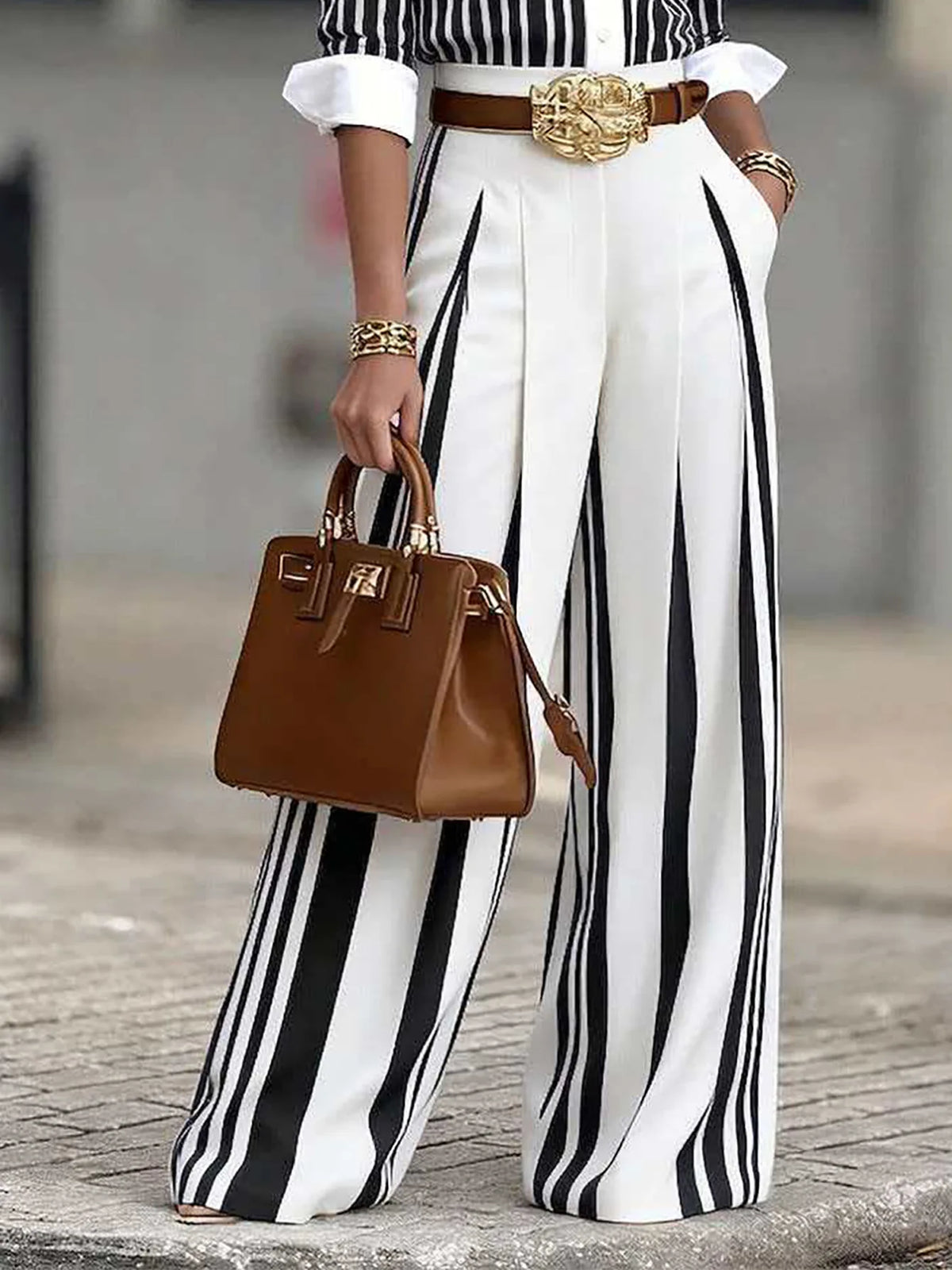 Women Fashion 2-Piece Set Striped Button Down Long Sleeves Shirt High Waist Striped Wide Leg Pants Elegant Office Outfit
