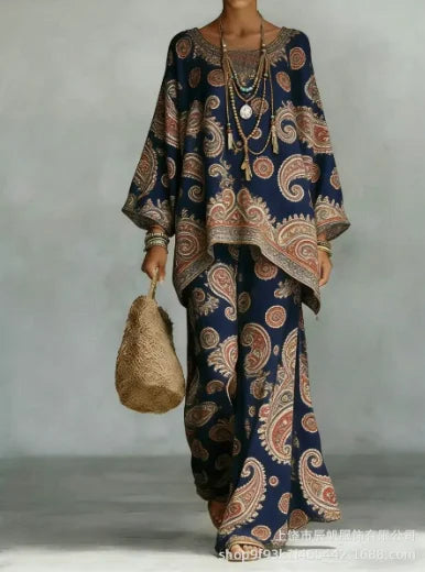 Boho Two Piece Set Summer Women's Loose Patchwork Wide Leg Pants Set Fashion O Neck Pullover Top 2-piece Set Outfit Streetwear