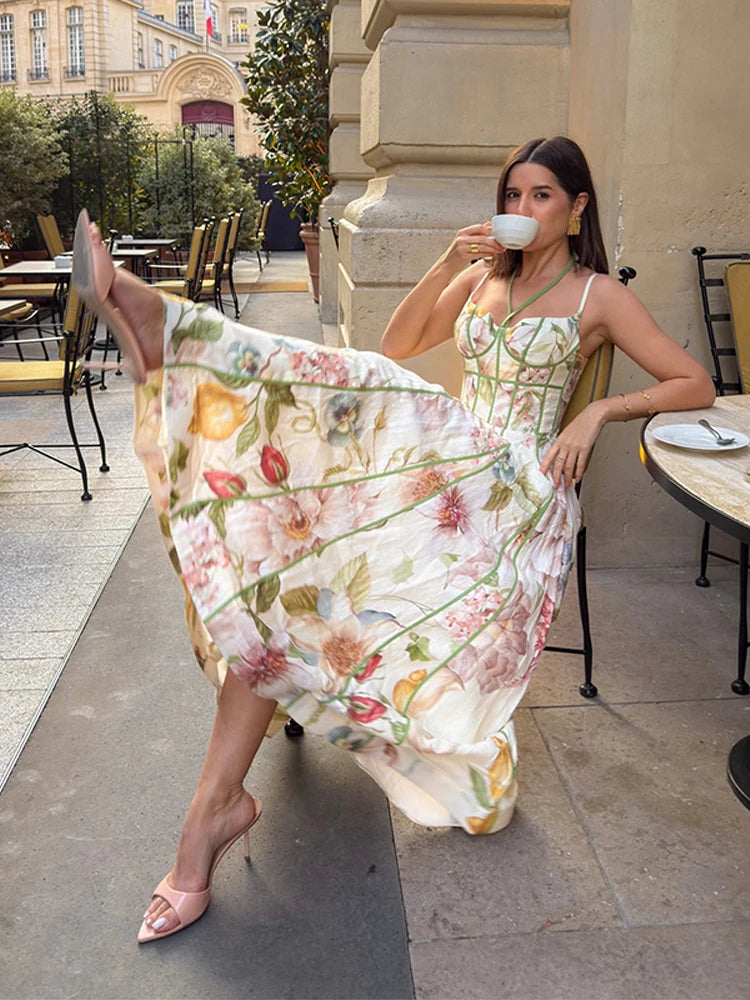 Floral Print Halter Neck Corset Waist Maxi Dress Sleeveless Flared Hem A Line Dresses 2026 Fashion Elegant Vacation Party Gown
