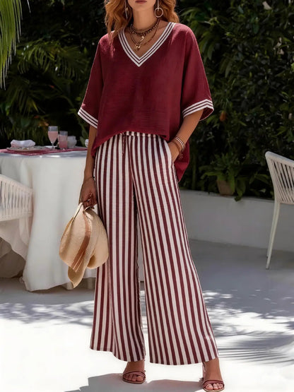 Two Pieces Women Pant Sets Striped Matching Set Short Sleeves V Neck Top Elastic Waist Wide Leg Pants Loose Casual 2026 Summer