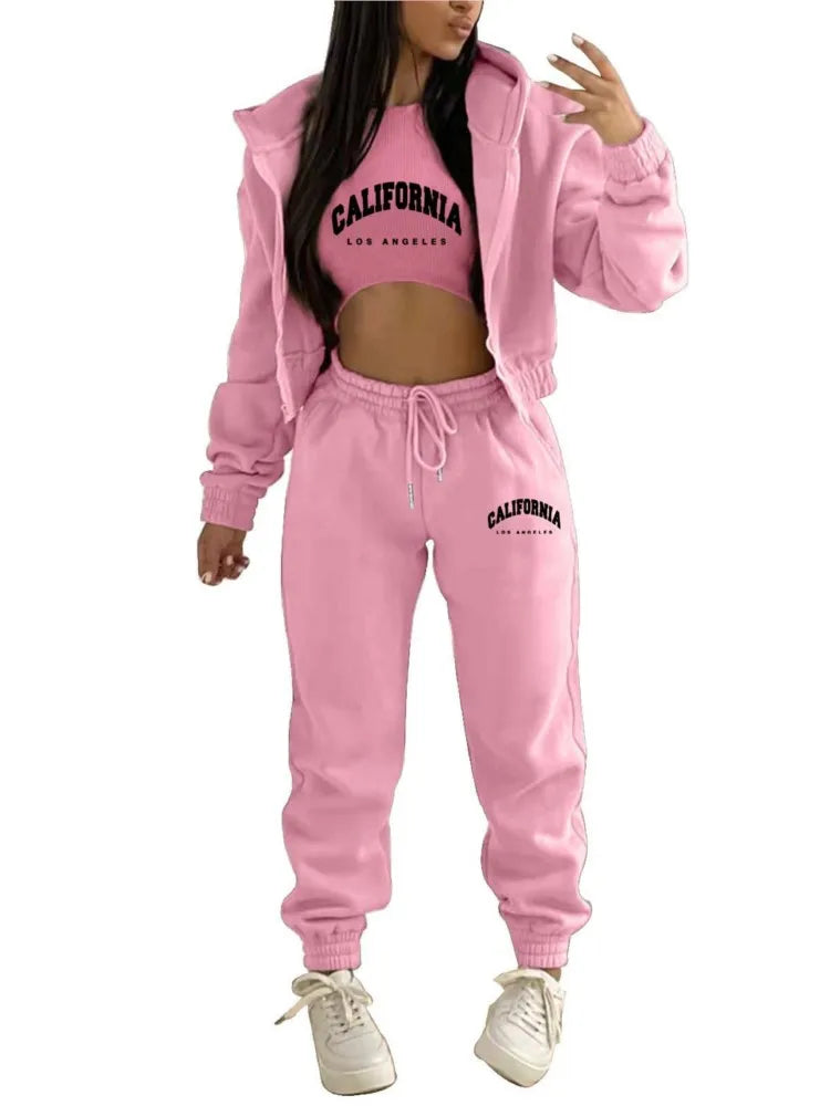 Autumn And Winter New Fleece Hoodie Letter Print Hooded Women's Suit Fashion Loose Casual Sports Pants Female 3 Piece Set 2024