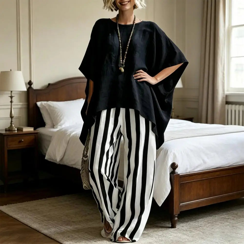 Women T-shirt Pants Two Piece Set Summer O-Neck Short Batwing Sleeves Shirt Striped Trousers Loose Casual Top Pants Suit Casual