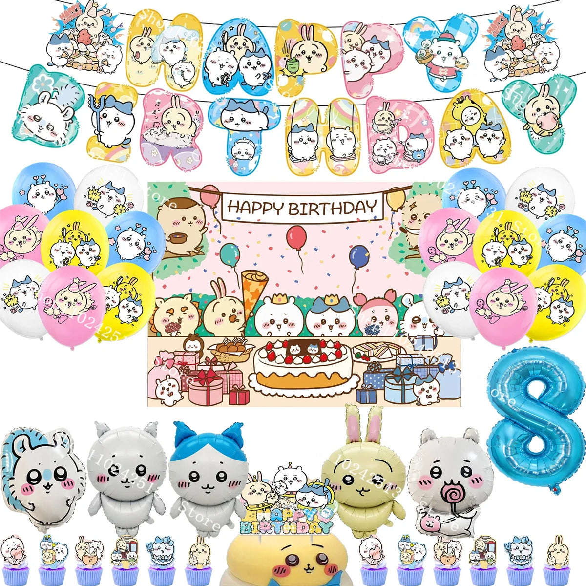 Chiikawa kawaii Happy Birthday Party Decorations Cute plate Banner Cake Topper Flag Balloons Disposable tableware Decorations