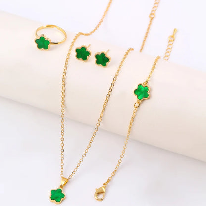 Four-Leaf Clover Five-Piece Jewelry Set, Black Gold Light Luxury Necklace, Earrings, Bracelet, Ring Set, Fashionable and Elegant Women's Jewelry, Popular Accessories