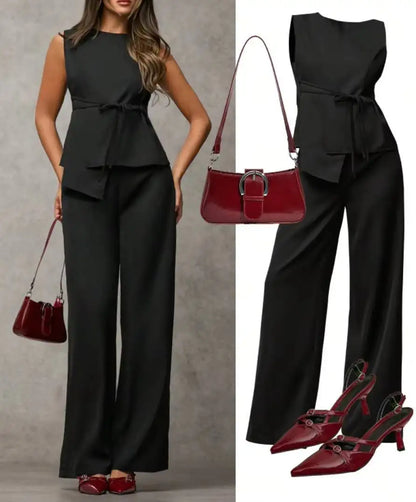 Women's Black Two Piece Set Sleeveless Round Neck Tie Asymmetric Hem Top Wide Leg Pants Set Spring Summer Office Elegant Outfit