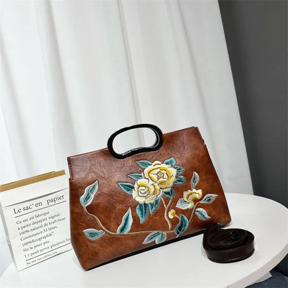 Elegant Women's Handbag Embroidered Peony Print Crossbody Bag Wear-Resistant Fashionable Daily Use Square Shape Zipper Closure