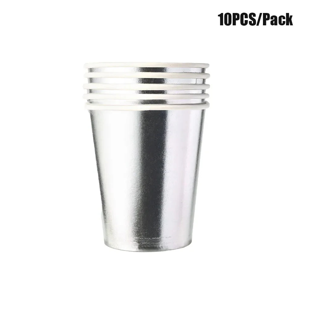 Shiny Silver Tableware Set Metallic Paper Plates Cups Holographic Tablecloth For Adult Birthday Wedding Party Decorations