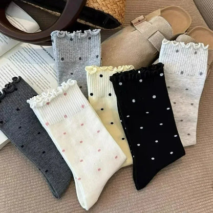 6 Pairs Korean Style Ruffle Edge Socks for Women 6 Pairs Polka Dot Crew Socks High Elastic Breathable Stackable Mid Calf Socks