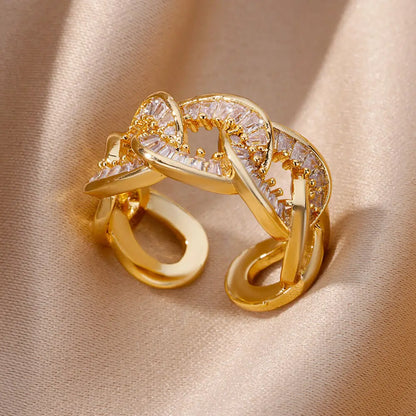 Gold Plated Stainless Steel Crystal Rings For Women Chain Geometry Zircon Finger Ring Jewelry Gift anillos mujer 2025 New Trendy