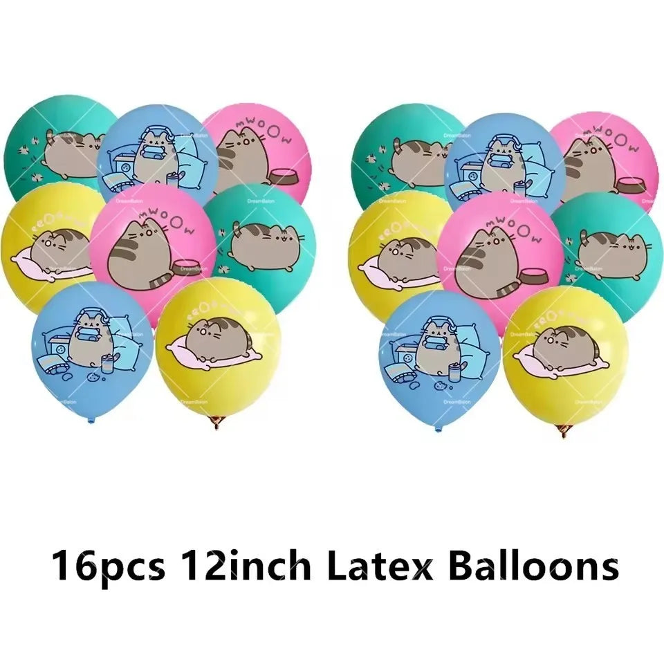 Pusheen Balloons Cartoon Cat Birthday Banner Decoration Party Supplies Backdrop Cake Topper Gift Bag Sticker Spiral Plush Doll