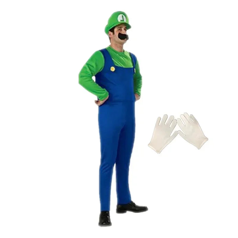 Anime Game Plumber Brothers Costume Funny Performance Costume Halloween Unisex Mens Womens Teen Party with Hat and Mustache