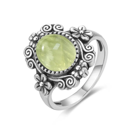 925 Sterling Silver Ring With Natural Prehnite Stone 8*10mm Oval Shape With Crystal Flower Design Gifts Fine Jewelry For Women