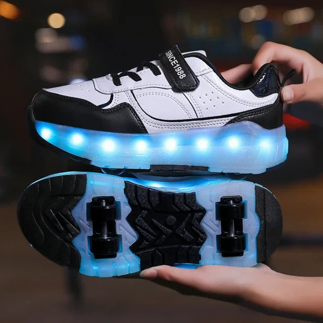 Children LED Light Sneakers 4 Wheels Luminous Shoes with Wheels Lights Rechargeable Girls Boys Women Kids Roller Skates Shoes