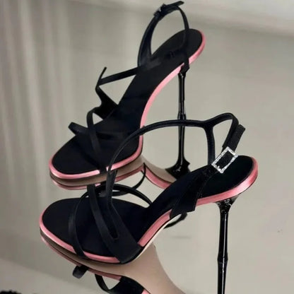 Women Satin Colorblock Stiletto High Heels Square Toe Rhinestone Buckle Ankle Strap Sandals Summer Party Prom Formal Dress Shoes