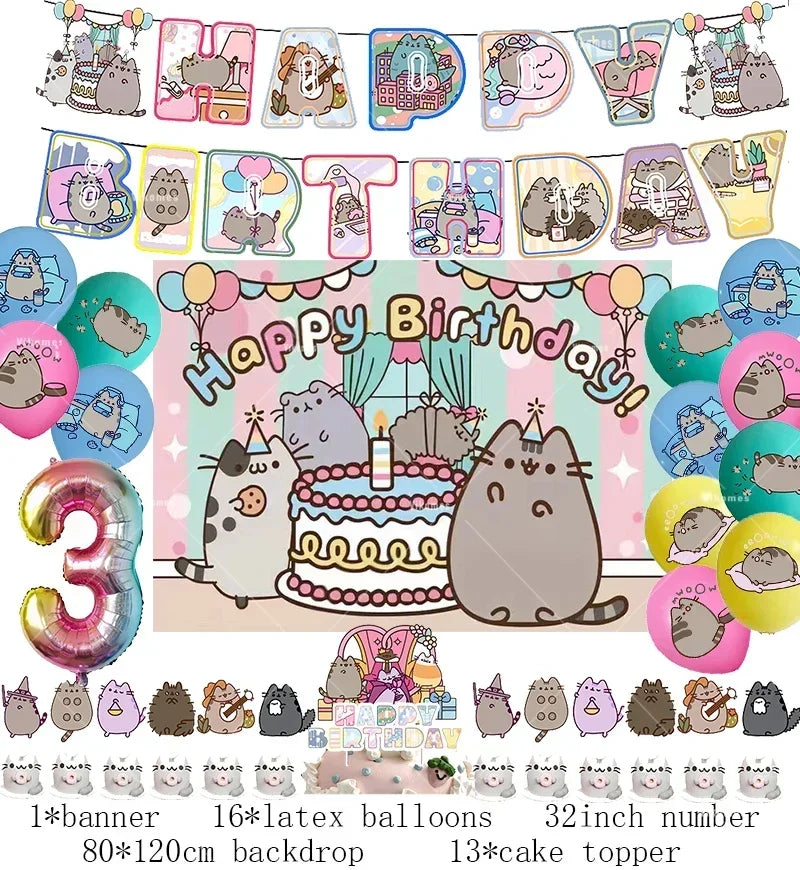 The Pusheen Cat Balloons Birthday Decoration Party Supplies Cartoon Grey Pet Fat Cat Theme Banner Backdrop Cake Topper Sticker