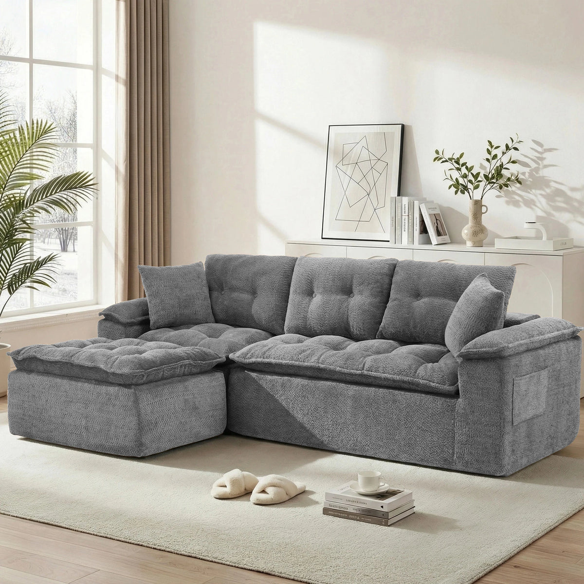 Korser 110" Modern L Shape Boneless Cloud Sectional Sofa, Chenille Deep Seat Modular Couch with Ottoman, No Assembly Needed for Living Room