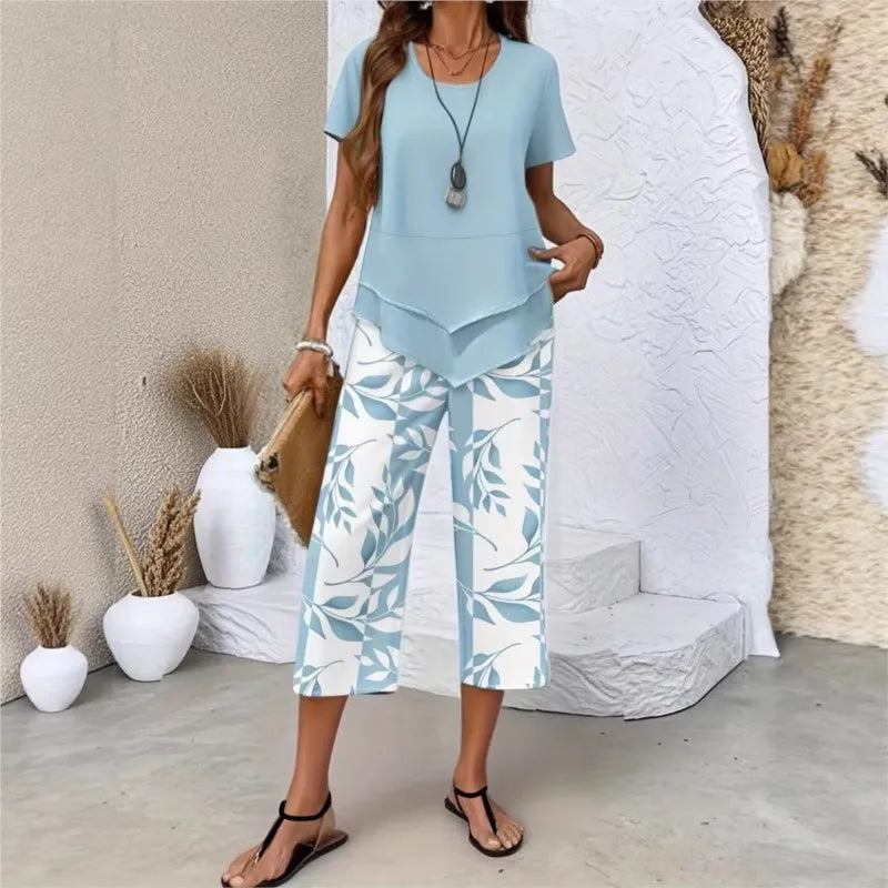Lady Summer Casual Cropped Pants Two-piece Set Fashion Solid Color Top+printed Pants Suit Women's Irregular Hem Tops Outfit