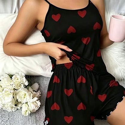 Women's Pajama Set Pajamas T-Shirts Shorts Pink Heart-Shaped Print Round Neck T-Shirt Ice Silk Top Comfortable Casual Summer ﻿