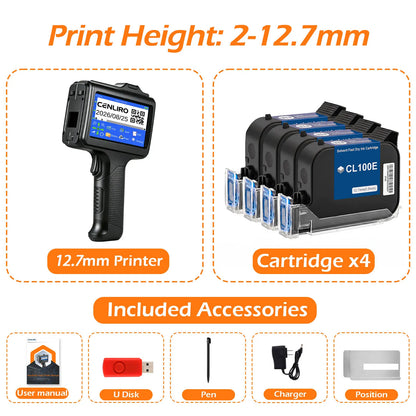 Cenliro Upgrated Handheld Inkjet Printer CL12B with Black Fast-drying Ink Cartridge for Date Batch Number Logo QR Code 600DPI