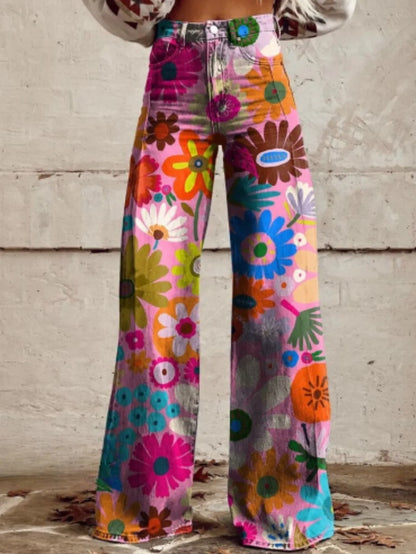 Women's 3D Printed Flare Jeans-Polyester Wide Leg Pants with Distressed Vintage Look, High Waist Comfort Fit for Street Fashion