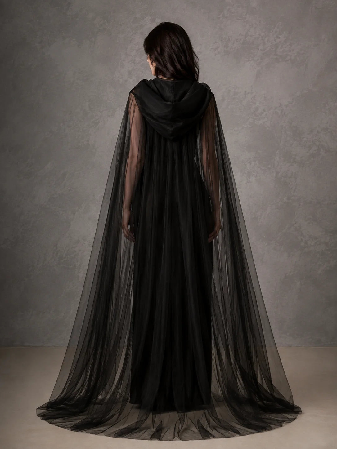 Sheer Tulle Hooded Full‑Length Cape for Women, Lightweight Flowy Gothic Cloak with Neck Tie, Halloween Witch Vampire Cosplay Costume Accessory for Fancy Dress Party Photo Shoot