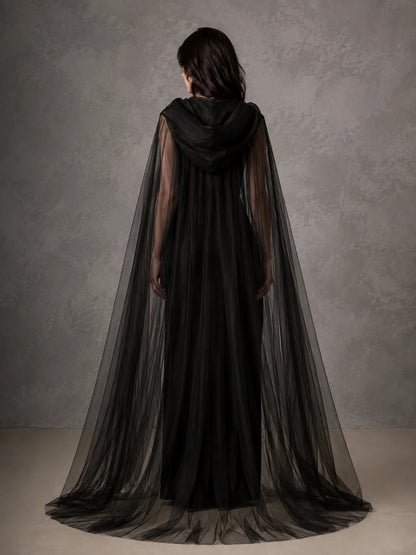 Sheer Tulle Hooded Full‑Length Cape for Women, Lightweight Flowy Gothic Cloak with Neck Tie, Halloween Witch Vampire Cosplay Costume Accessory for Fancy Dress Party Photo Shoot