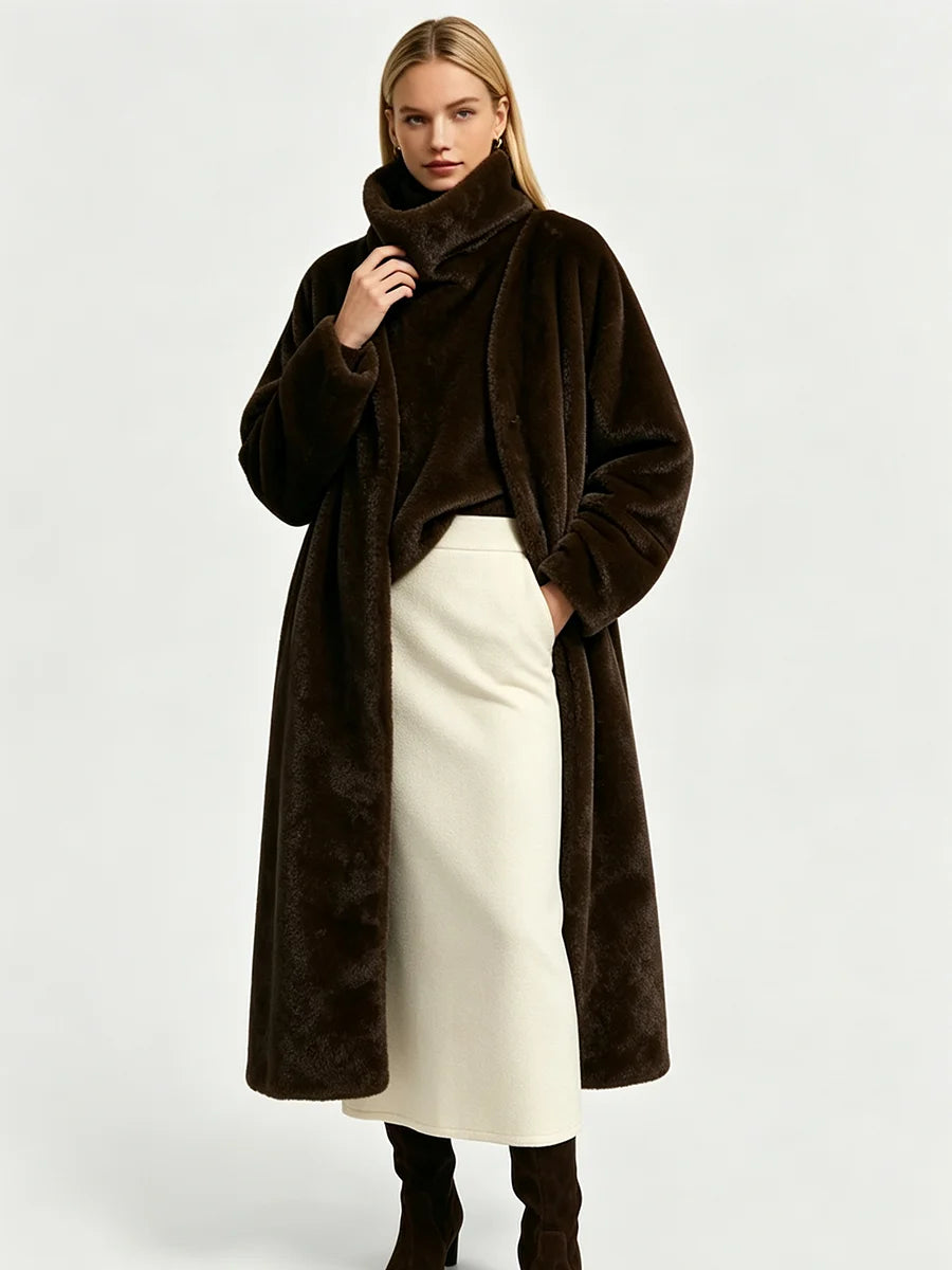 Women Open Front Faux Fur Long Coat Loose  Sleeve Plush Warm Winter Elegant Streetwear Ladies  Outerwear Jacket