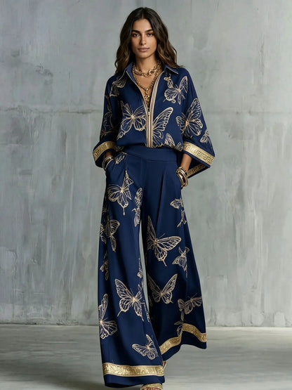 Fashion Set For Women Autumn 2026 New Loose Lapel Zipper Long Sleeve Coat Top Wide Leg Pants Two Piece Set Leisure Print Outfits