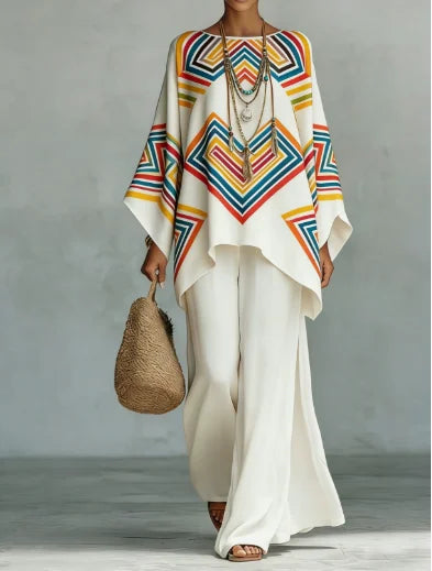 Boho Two Piece Set Summer Women's Loose Patchwork Wide Leg Pants Set Fashion O Neck Pullover Top 2-piece Set Outfit Streetwear