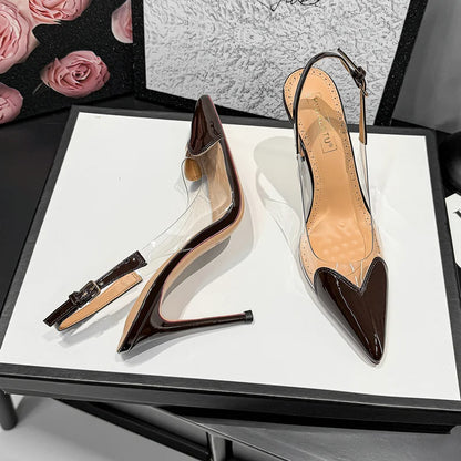 2026 Summer New Fairy-style Heart-shaped Pointed Toe Thin Heel Sandals for Women Transparent Patchwork Headpiece Back High Heels