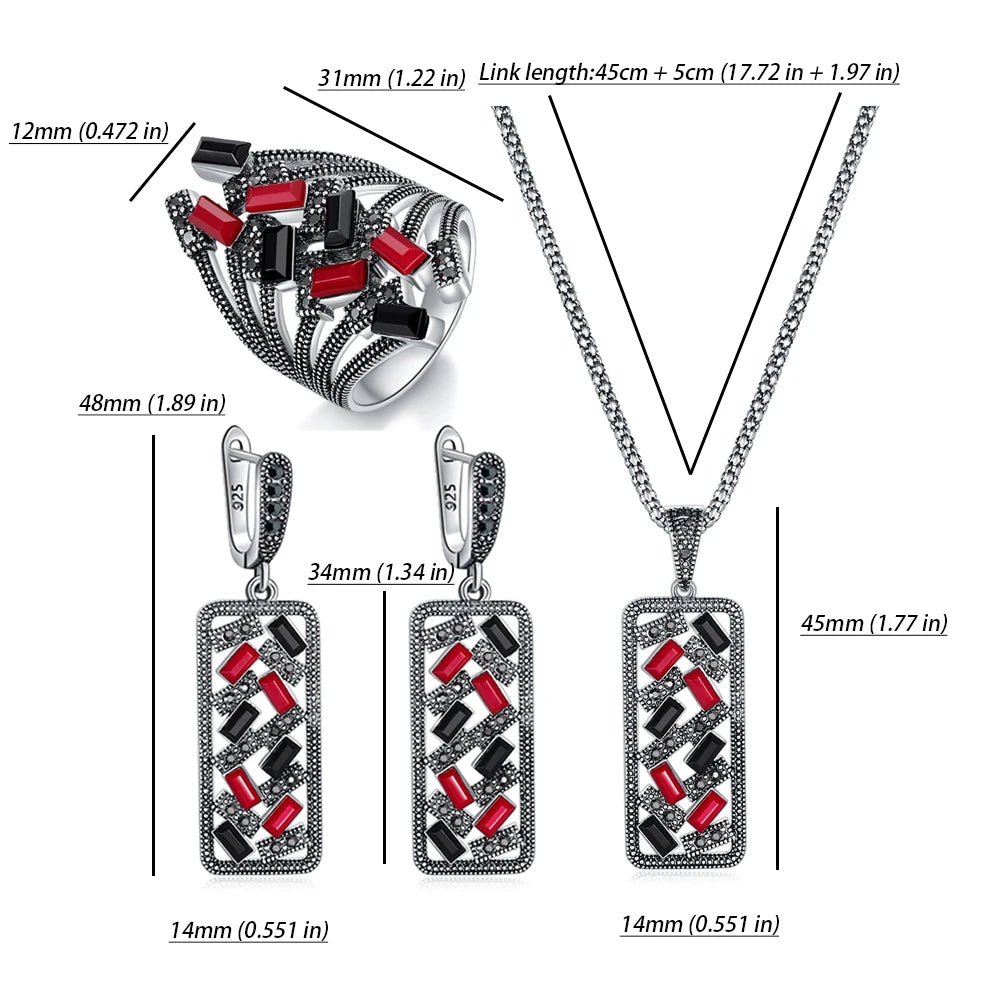 Ajojewel Black/Red Green Bohemian Jewelry Set For Women Colorful Zircon Crystal Geometric Ring Earrings Necklace & Pendant