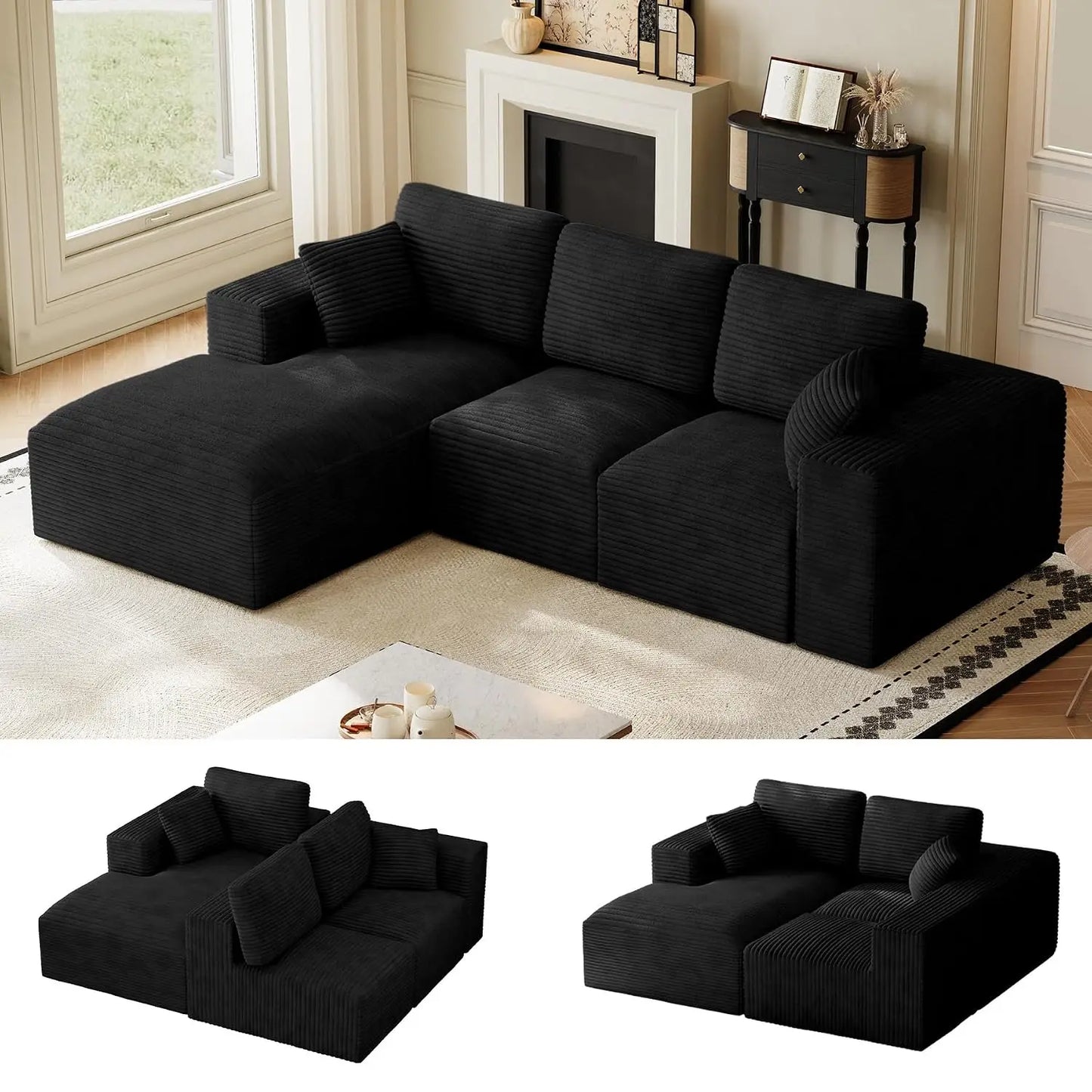 109" L-Shaped Cloud Boneless Couch Sofa with Chaise, Black, Custom