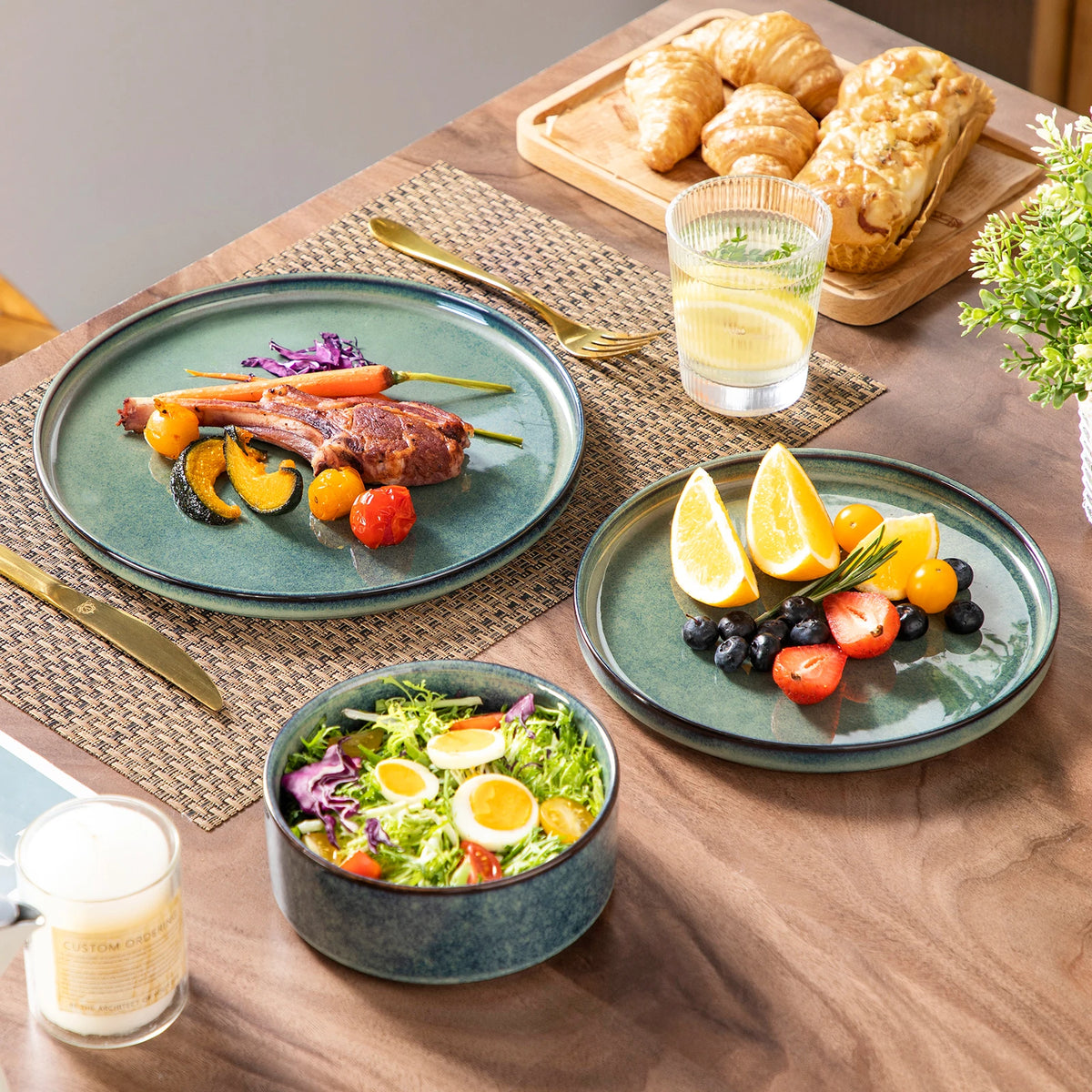 Vancasso 12/24/36 Piece Dinner Set Black Green Reactive Glaze Vertical Edge Dinnerware Set with 4 PCS Dinner Plate/Dessert/Bowl