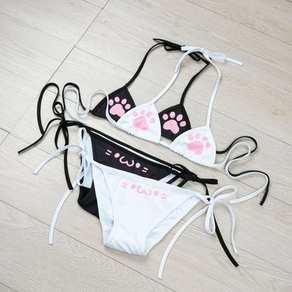 Anime Kawaii Girl Cute Cat Paw Bikini Swimsuit Women Claw Pattern Three Point  Underwear Set Costume Cosplay