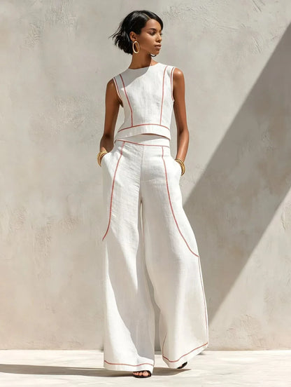 Women Striped Print 2 Piece Set Sleeveless Round Neck Tank Top High Waist Pocket Wide Leg Trousers Suit New Summer Resort Outfit