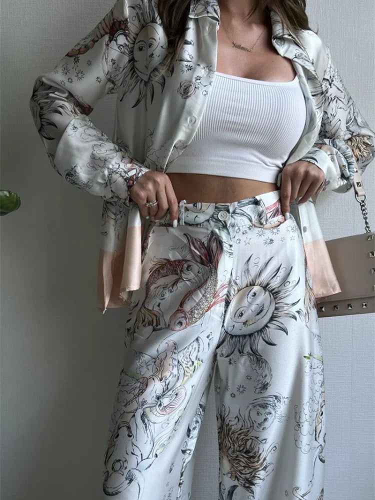 2 Pieces Set for Woman 2025 Summer New Elegant Print Long Sleeves Shirt Tops Suits Fashionable Casual Loose Wide Leg Pants Sets
