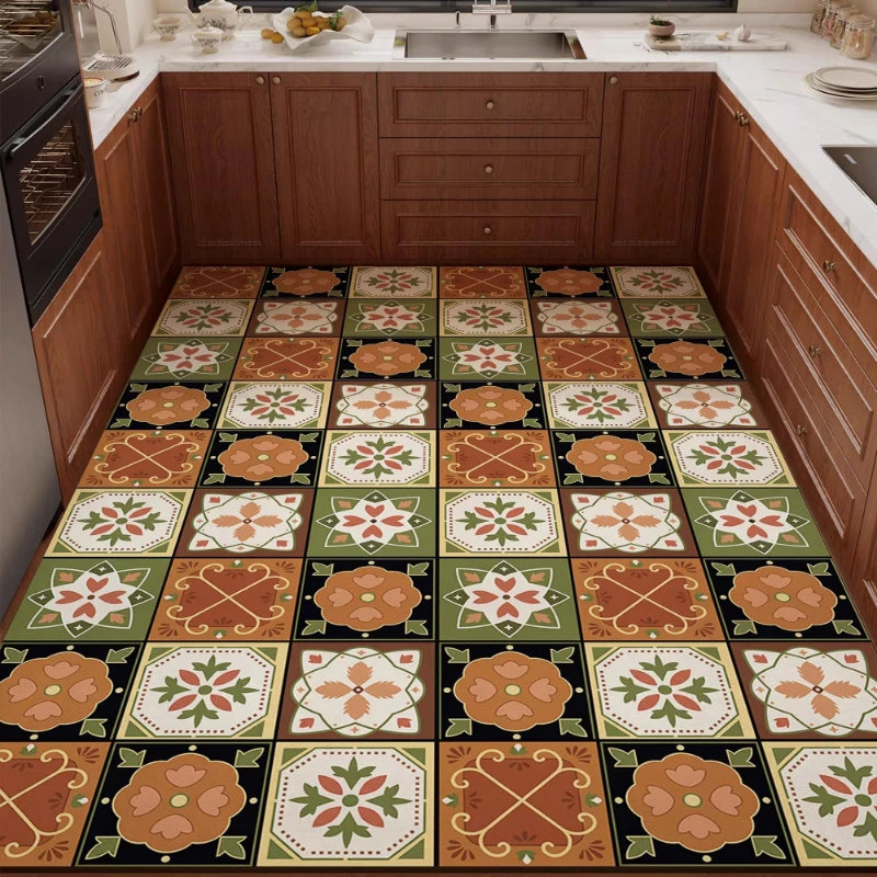 PVC Kitchen Carpet Waterproof Non-Slip Oil-proof Leather Floor Mat Large Size Rug Retro American-Style Home Decor Rugs Alfombra