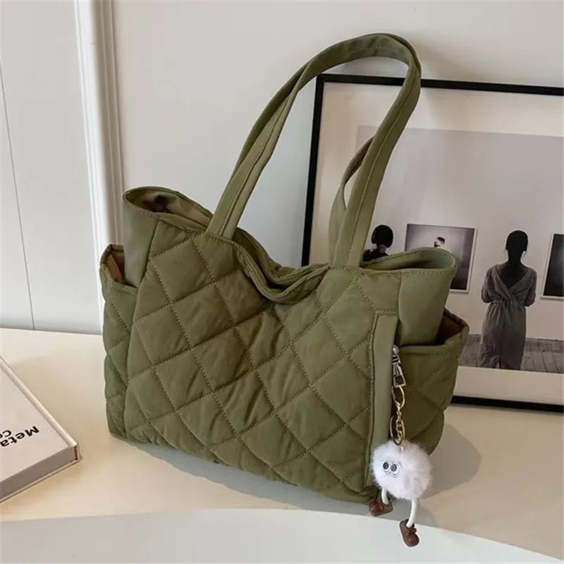 Women's Black & Beige Rhombus Quilted tote bag, Large Capacity Handbag shoulder bag with Quilted Purse for Travel Everyday Use