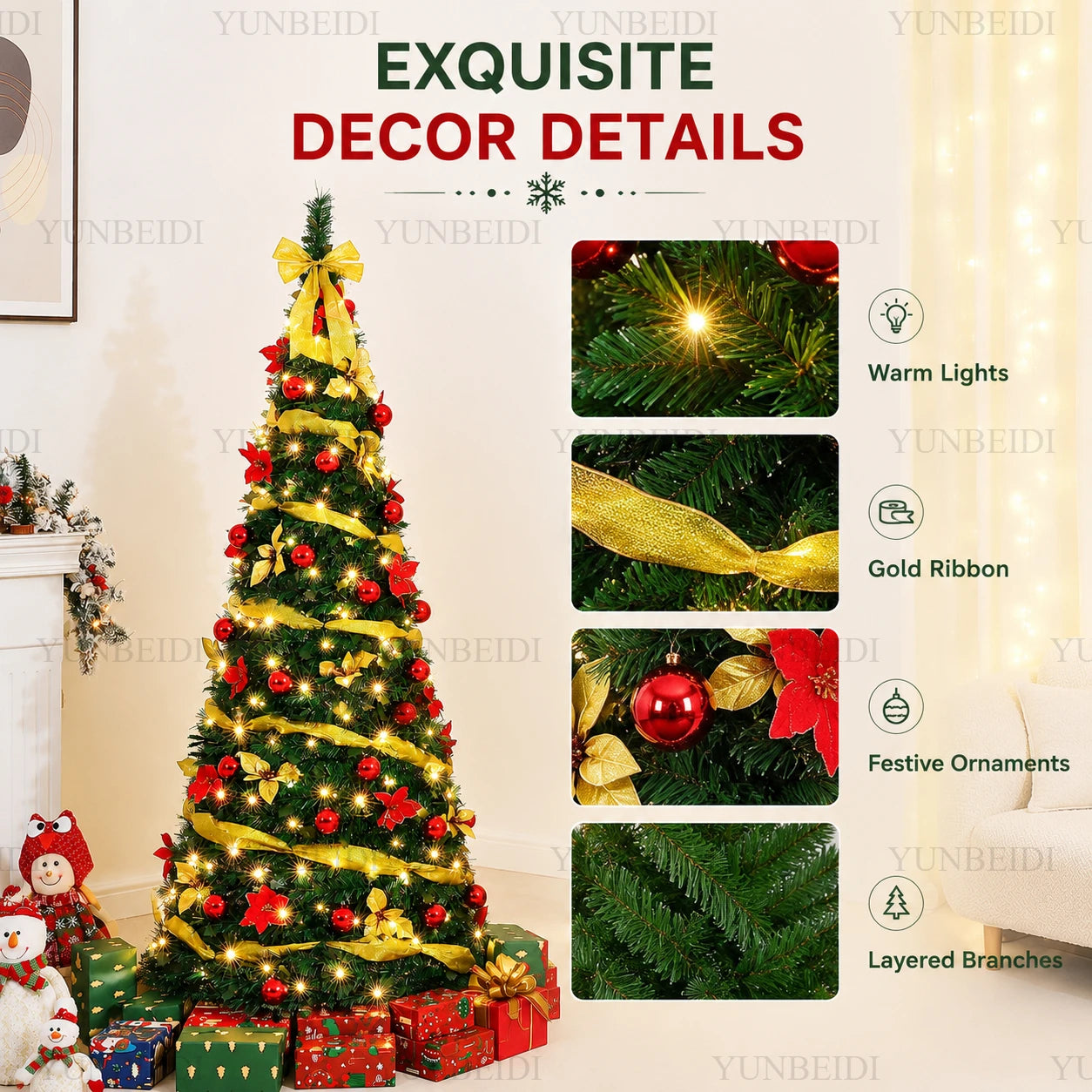 Folding Christmas Tree with LED Lights and Christmas Flowers Telescopic Artificial Christmas Tree 150CM/180CM Home Decoration