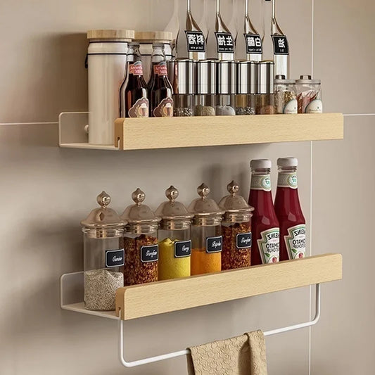 Wood Kitchen Organizer Mounted Spice Rack Kitchen Storage with Hooks for Condiments Kitchen Accessories