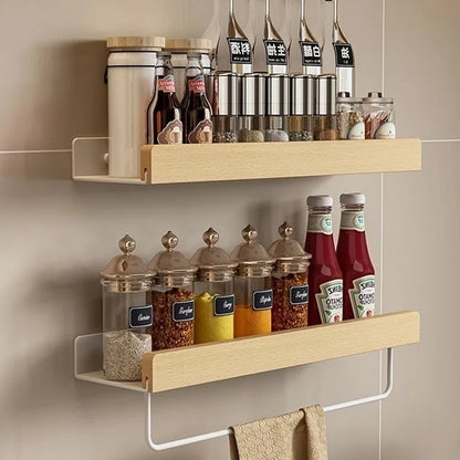 Wood Kitchen Organizer Mounted Spice Rack Kitchen Storage with Hooks for Condiments Kitchen Accessories