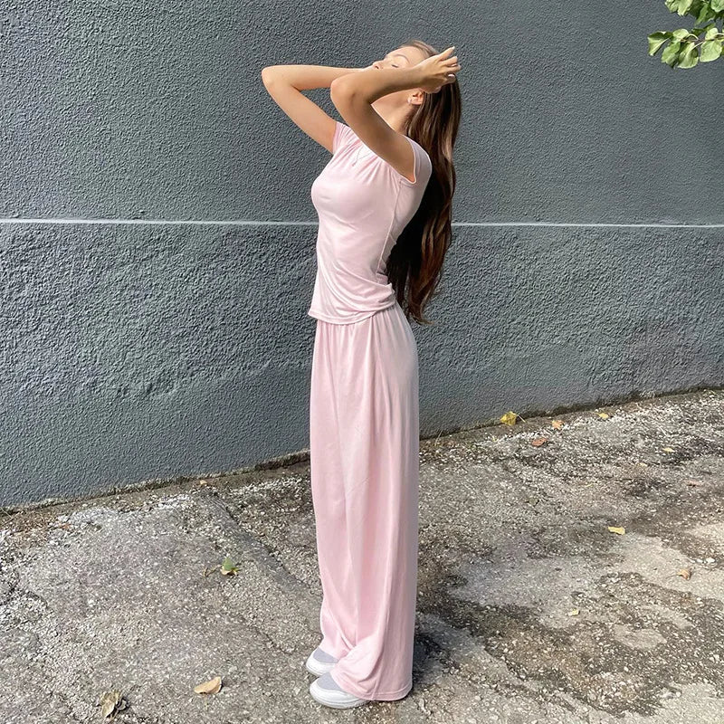 Casual Long Pants Suits Women O-Neck Short Sleeve T-Shirt Elastic