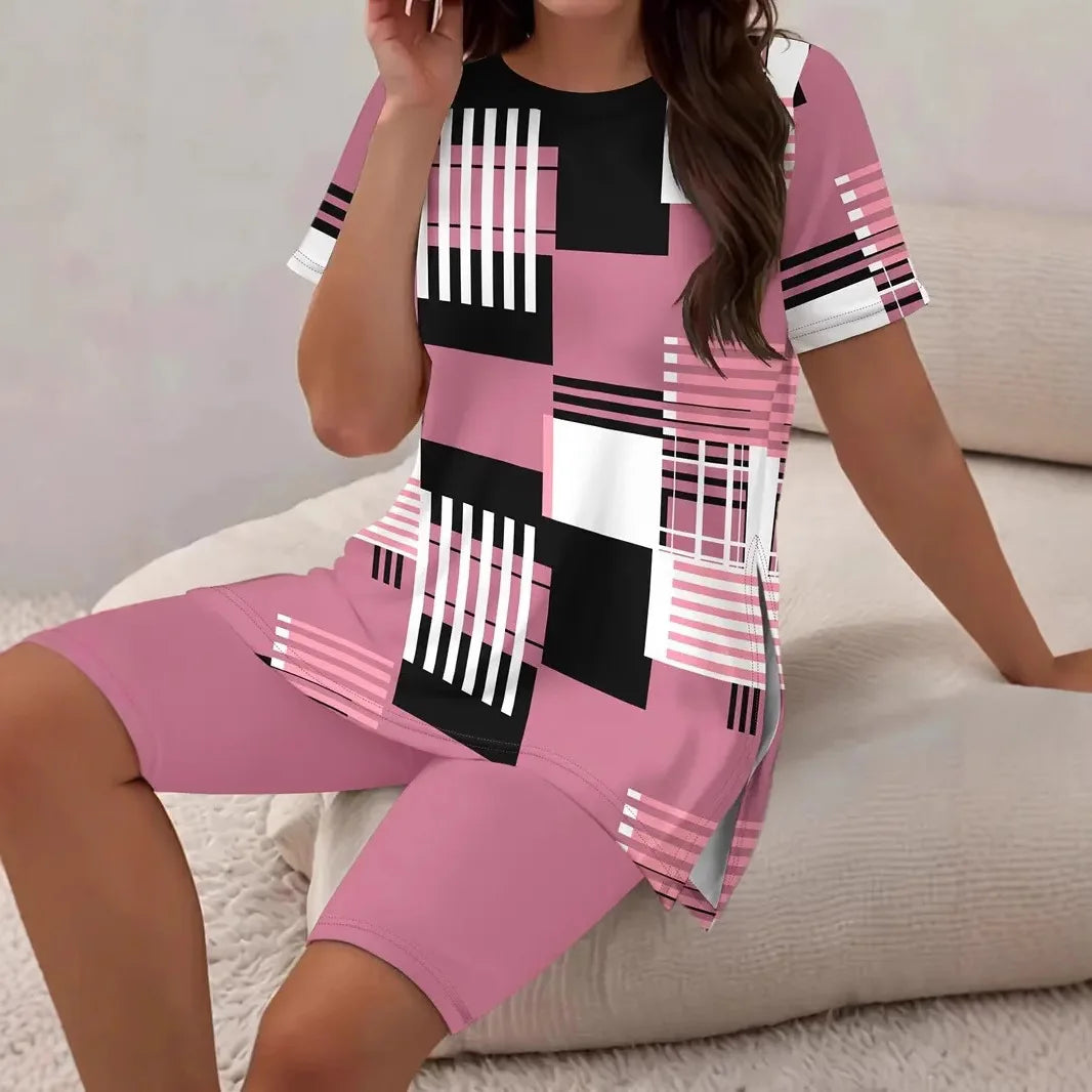 Fashion O-neck Short Sleeve Plaid 2 Piece Set Women 2025 Summer Casual Home Print Tops And Shorts Two Piece Outfits Woman