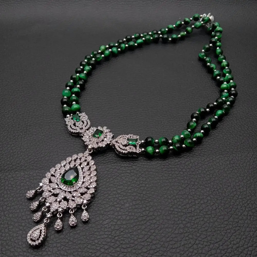 Y·YING 2 Strands Green Tiger Eye Cz Pave Pendant Necklace Gemstone Necklaces Jewelry Women