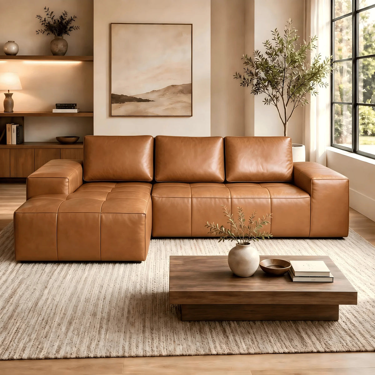 114" Cloud Sectional Sofa with Chaise, L-Shaped Modular Faux Leather Couch, Boneless Deep Seat Sofa No Assembly Needed for Living Room Apartment Bedroom, Brown