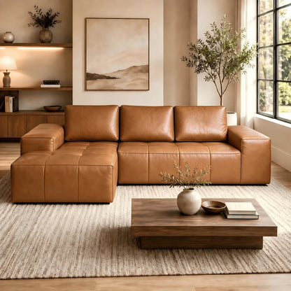 114" Cloud Sectional Sofa with Chaise, L-Shaped Modular Faux Leather Couch, Boneless Deep Seat Sofa No Assembly Needed for Living Room Apartment Bedroom, Brown